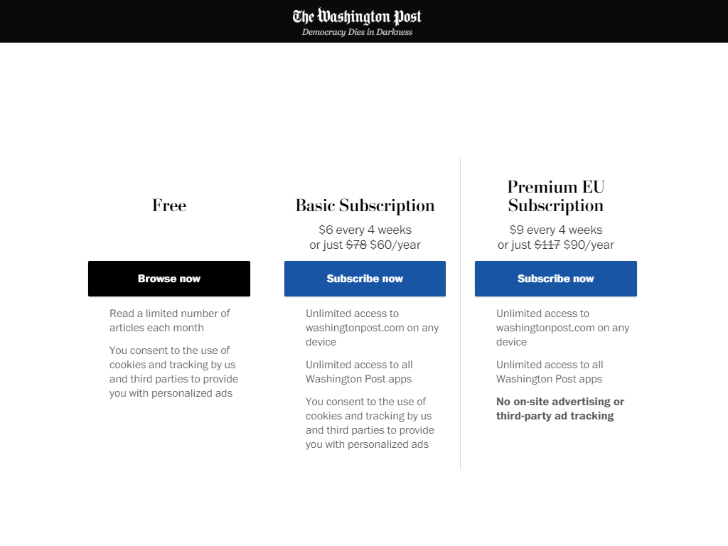Screenshot of The Washington Post website showing a new premium subscription plan for EU users that is 50% more expensive than the regular subscription plans.
