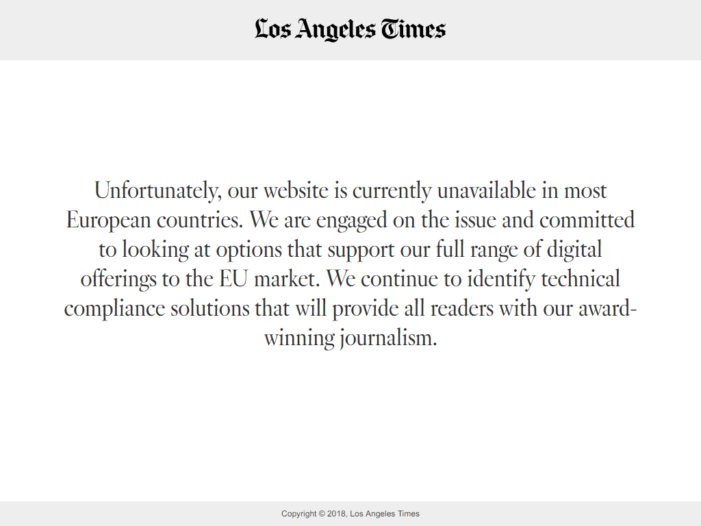 Screenshot of Los Angeles Times website when visited from a EU country, showing that the site is temporarily blocked for EU users.