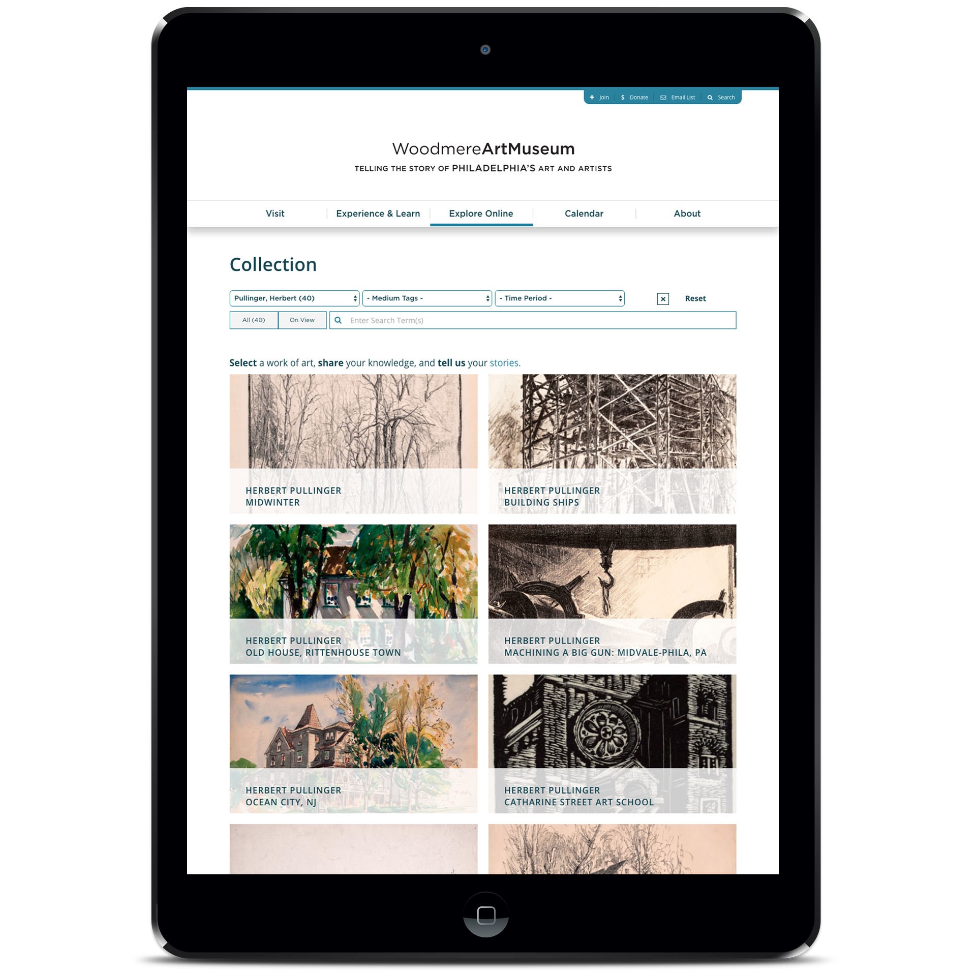 Woodmere Art Museum Website on Tablet
